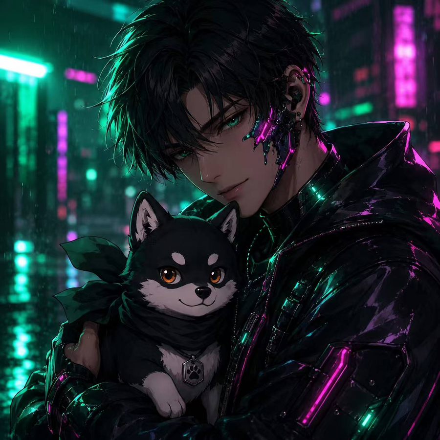 mame the cyber shiba being hugged in a neon rainy city